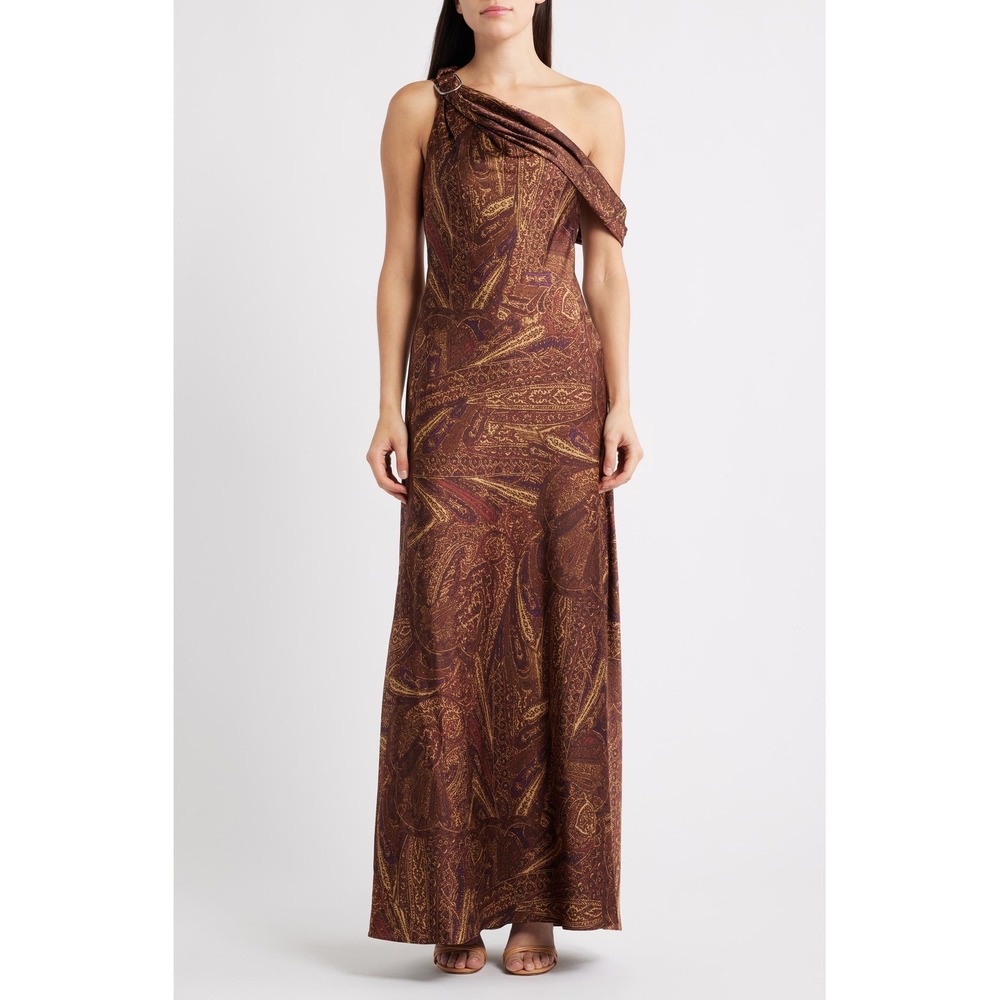 New Lauren Ralph Lauren Print Buckle-Trim Off The Shoulder Gown Size 8